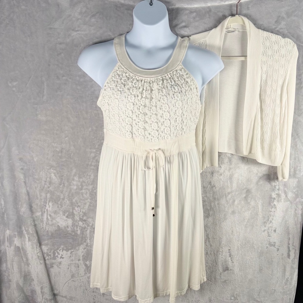 Calvin Klein Womens White‎ Floral Lace Halter Dress and Cardigan Set Size 12